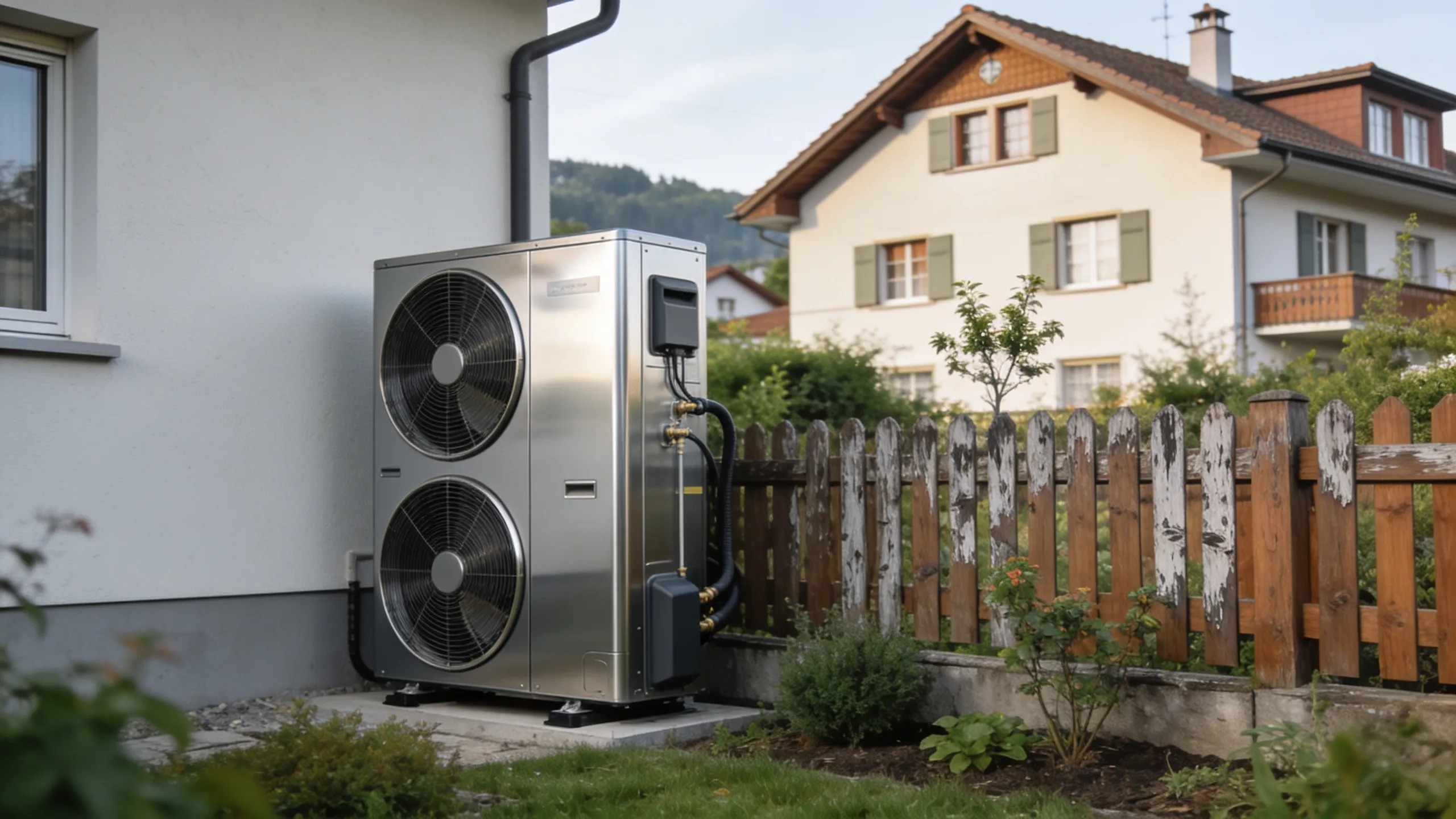 Aussengerät einer Luft-Wasser-Wärmepumpe nahe der Grundstücksgrenze – relevant für den Lärmschutznachweis in Zürich