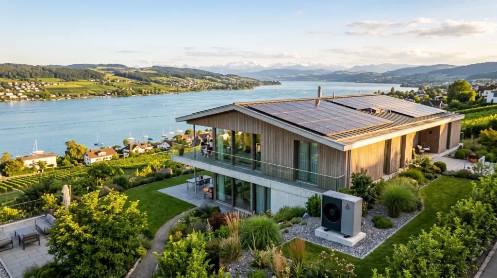 Modernes Einfamilienhaus mit Photovoltaikanlage auf dem Dach und Luft-Wasser-Wärmepumpe im Garten am Zürichsee im Kanton Zürich