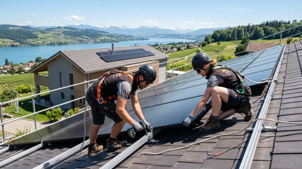 Zwei Solarteure montieren Photovoltaik-Module auf dem Dach eines Einfamilienhauses im Kanton Zürich