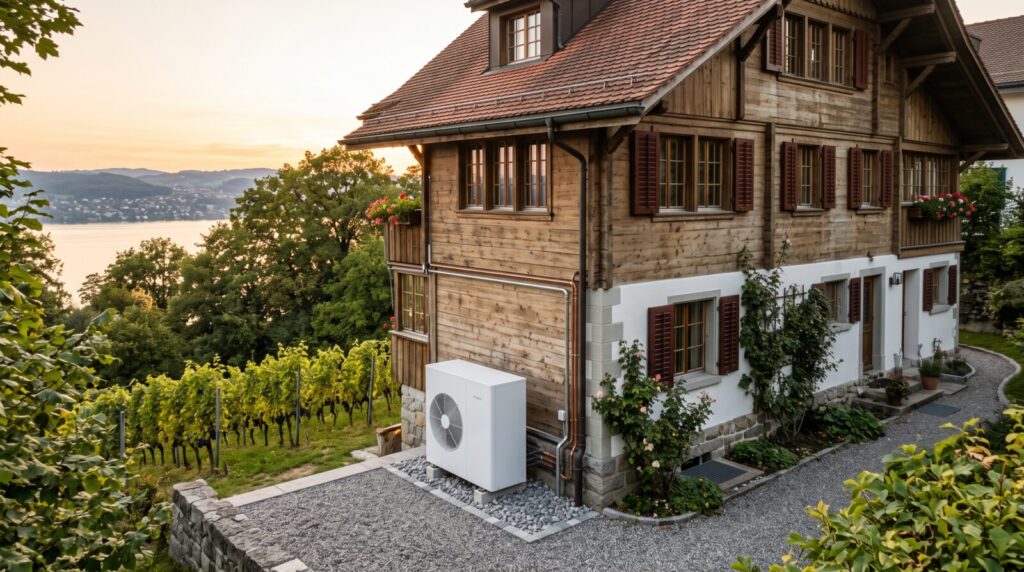 Luft-Wasser-Wärmepumpe an einem renovierten Haus mit Rebberg in Erlenbach am Zürichsee