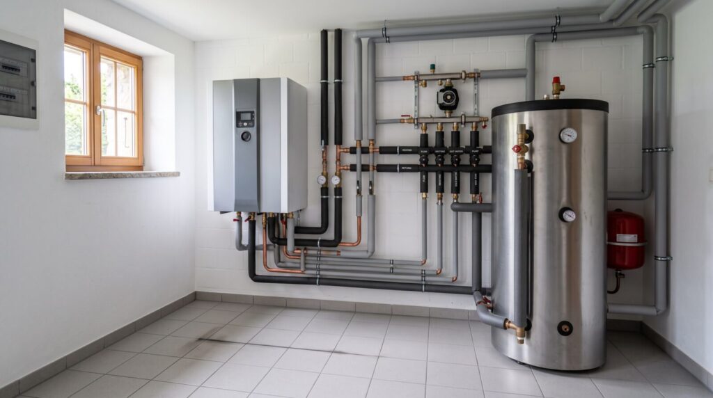 Neue Wärmepumpe mit Warmwasserspeicher im Heizraum nach Ölheizungsersatz in Küsnacht