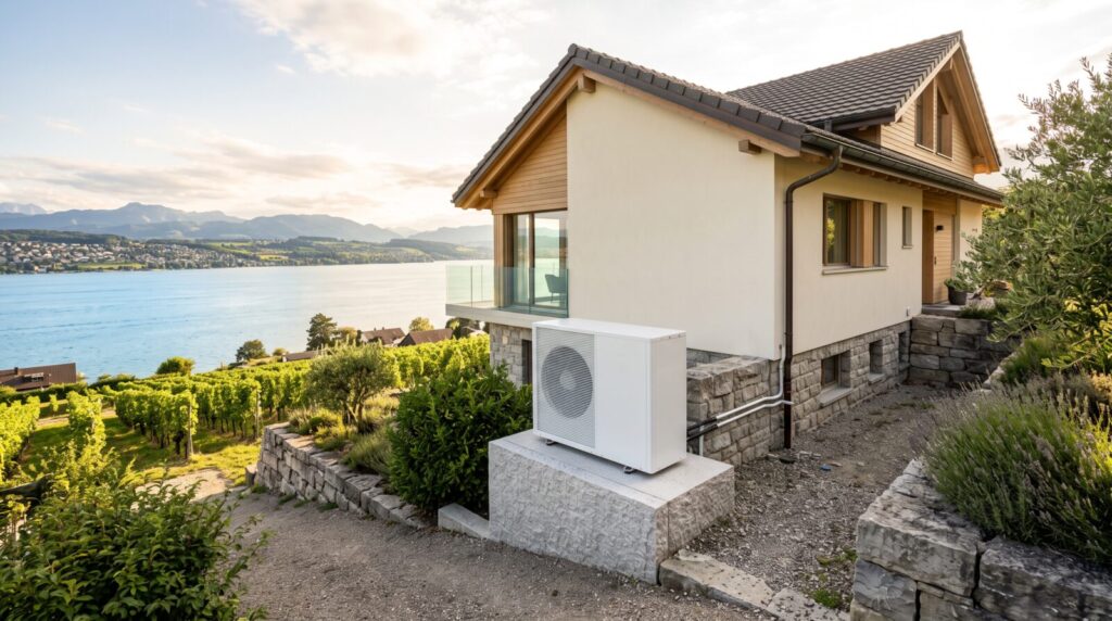 Luft-Wasser-Wärmepumpe bei einem Einfamilienhaus in Meilen mit Blick auf den Zürichsee