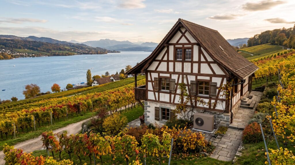 Dezent platzierte Wärmepumpe an einem historischen Riegelhaus in den Rebbergen von Stäfa