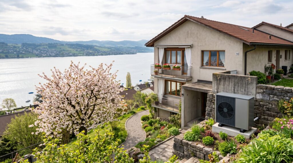 Luft-Wasser-Wärmepumpe an einem Einfamilienhaus in Hanglage in Uetikon am See
