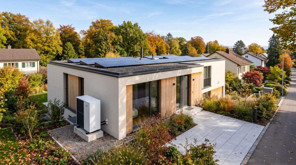 Luft-Wasser-Wärmepumpe an einem modernen Einfamilienhaus mit Photovoltaik in Zollikon