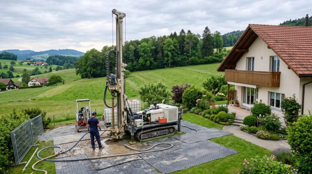 Erdsondenbohrung für eine Wärmepumpe im Garten eines Einfamilienhauses in Zumikon