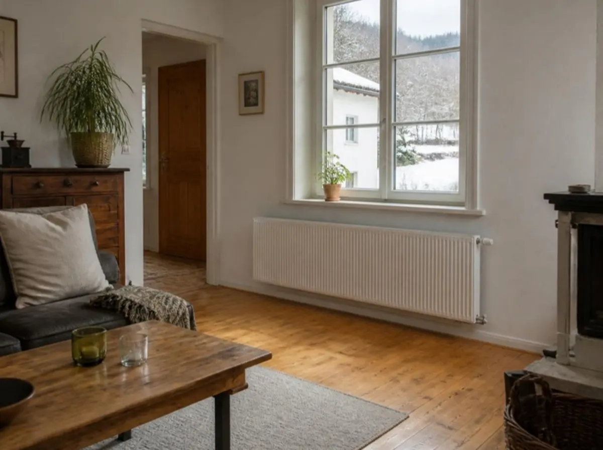 Wohnraum mit Heizkörper nach Ersatz der Elektroheizung durch Wärmepumpe