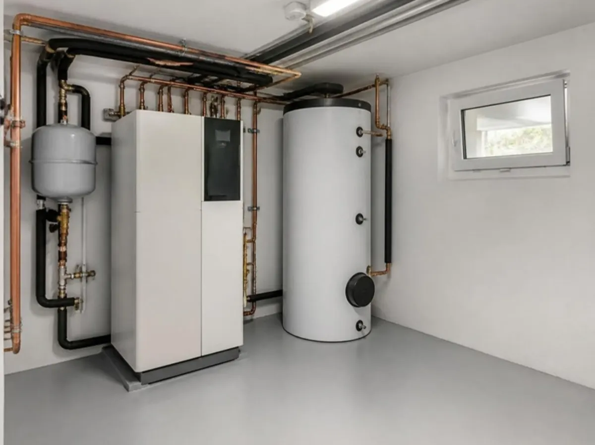 Heizraum mit Wärmepumpe und Speicher nach Ersatz der Ölheizung